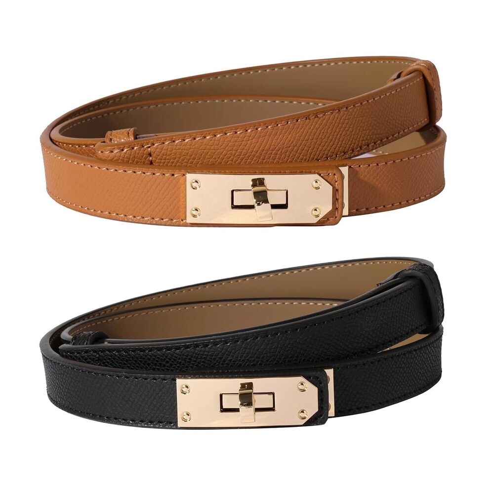 Women Skinny Leather Belt,Solid Color Alloy Turn Lock Adjustable